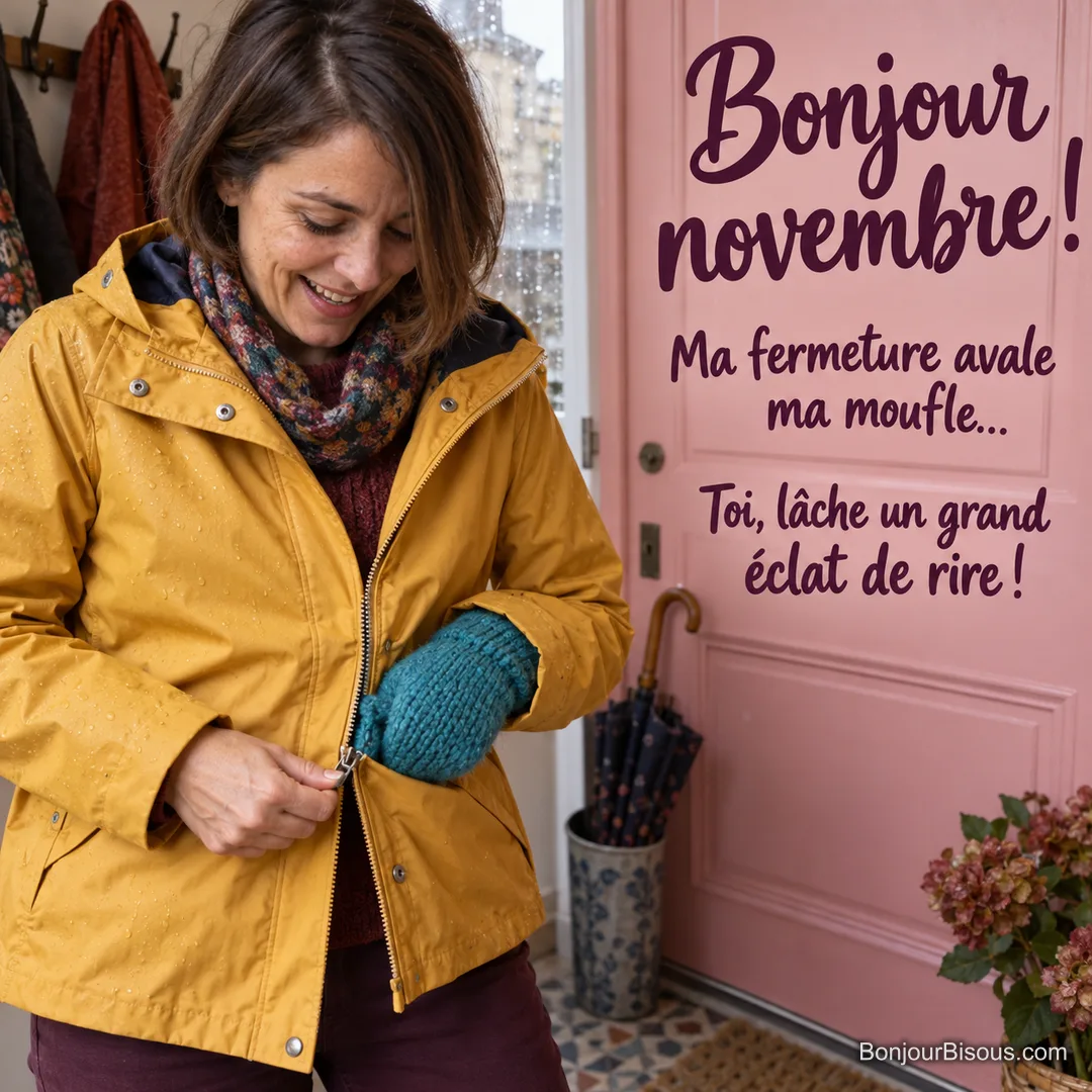Une femme rit en découvrant que sa moufle turquoise est coincée dans la fermeture de son imperméable. Le message est : « Bonjour novembre ! Ma fermeture avale ma moufle… Toi, lâche un grand éclat de rire ! ». Une femme rit en découvrant que sa moufle turquoise est coincée dans la fermeture de son imperméable. Le message est : « Bonjour novembre ! Ma fermeture avale ma moufle… Toi, lâche un grand éclat de rire ! ».