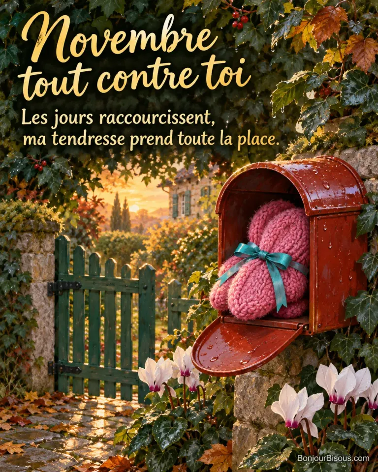 Une boîte aux lettres rouge garde au chaud une paire de mitaines roses offerte avec tendresse. Le message est : « Novembre tout contre toi Les jours raccourcissent, ma tendresse prend toute la place. ».
