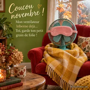Un ventilateur éteint porte un masque de sommeil et une couverture comme s’il hibernait. Le message est : « Coucou novembre ! Mon ventilateur hiberne déjà… Toi, garde ton petit grain de folie ! ».