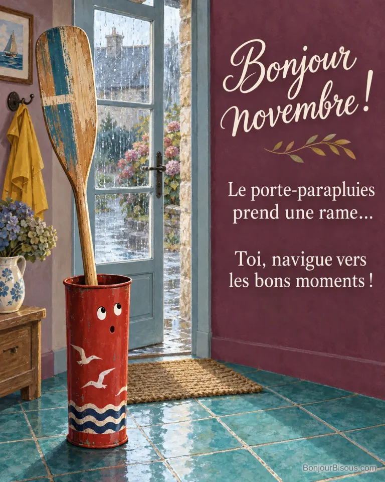 Un porte-parapluies rouge semble surpris de contenir une grande pagaie en bois. Le message est : « Bonjour novembre ! Le porte-parapluies prend une rame… Toi, navigue vers les bons moments ! ».