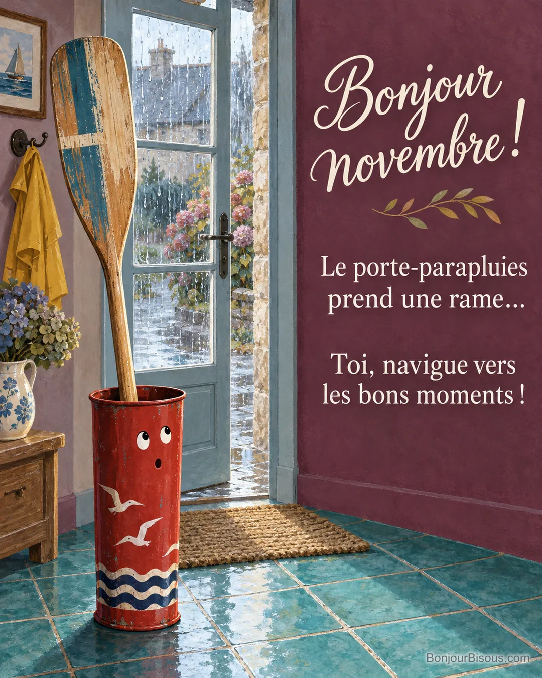 Un porte-parapluies rouge semble surpris de contenir une grande pagaie en bois. Le message est : « Bonjour novembre ! Le porte-parapluies prend une rame… Toi, navigue vers les bons moments ! ». Un porte-parapluies rouge semble surpris de contenir une grande pagaie en bois. Le message est : « Bonjour novembre ! Le porte-parapluies prend une rame… Toi, navigue vers les bons moments ! ».