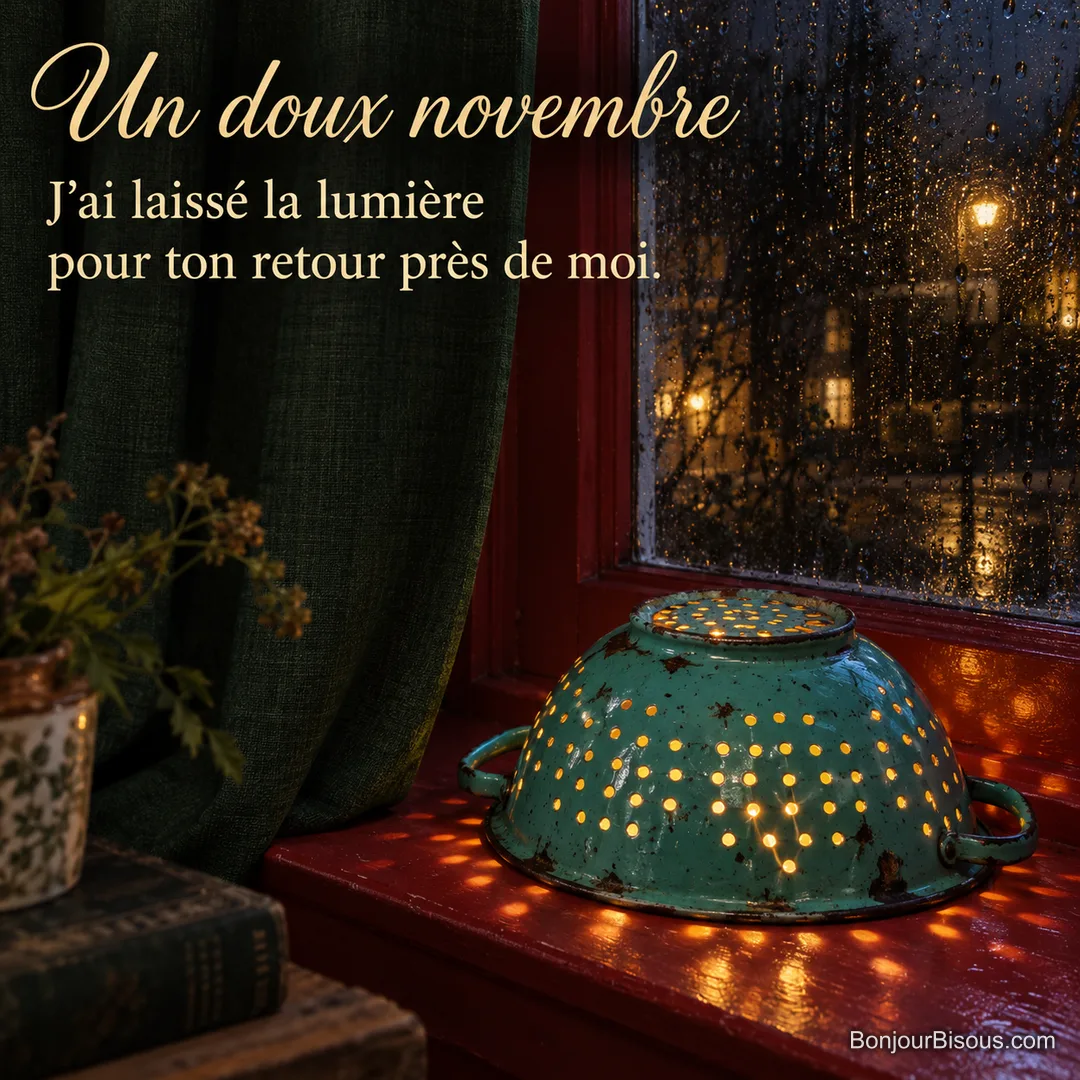 Une passoire émaillée turquoise transformée en lampe douce éclaire une fenêtre pluvieuse. Le message est : « Un doux novembre J’ai laissé la lumière pour ton retour près de moi. ». Une passoire émaillée turquoise transformée en lampe douce éclaire une fenêtre pluvieuse. Le message est : « Un doux novembre J’ai laissé la lumière pour ton retour près de moi. ».