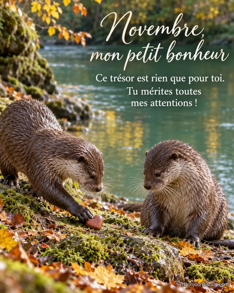 Une loutre offre un petit galet rouge brun à sa compagne sur une berge d’automne. Le message est : « Novembre, mon petit bonheur Ce trésor est rien que pour toi. Tu mérites toutes mes attentions ! ».