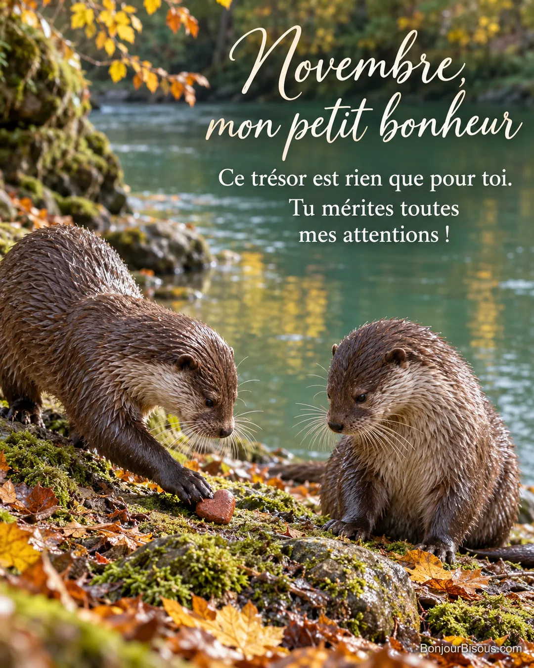 Une loutre offre un petit galet rouge brun à sa compagne sur une berge d’automne. Le message est : « Novembre, mon petit bonheur Ce trésor est rien que pour toi. Tu mérites toutes mes attentions ! ». Une loutre offre un petit galet rouge brun à sa compagne sur une berge d’automne. Le message est : « Novembre, mon petit bonheur Ce trésor est rien que pour toi. Tu mérites toutes mes attentions ! ».
