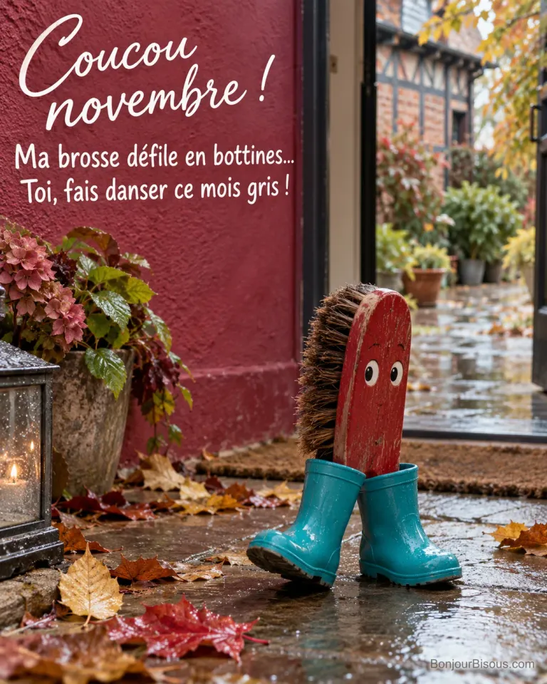 Une petite brosse à chaussures en bois semble défiler dans deux bottines de pluie turquoise trop grandes. Le message est : « Coucou novembre ! Ma brosse défile en bottines… Toi, fais danser ce mois gris ! ».