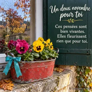 Deux pensées fuchsia et jaune fleurissent dans un petit baquet rouge offert avec un ruban turquoise en novembre. Le message est : « Un doux novembre pour toi Ces pensées sont bien vivantes. Elles fleurissent rien que pour toi. ».