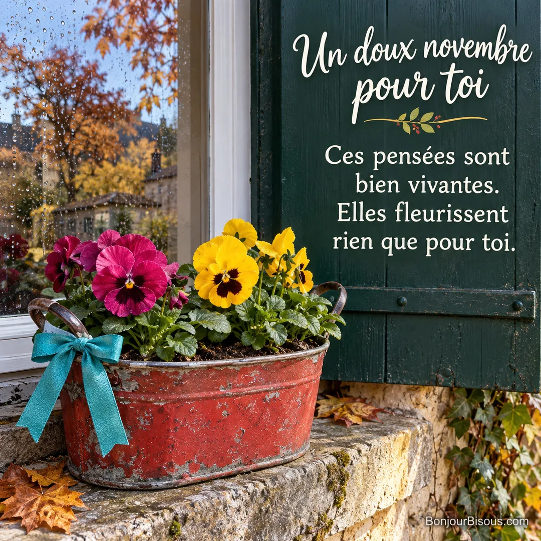 Deux pensées fuchsia et jaune fleurissent dans un petit baquet rouge offert avec un ruban turquoise en novembre. Le message est : « Un doux novembre pour toi Ces pensées sont bien vivantes. Elles fleurissent rien que pour toi. ». Deux pensées fuchsia et jaune fleurissent dans un petit baquet rouge offert avec un ruban turquoise en novembre. Le message est : « Un doux novembre pour toi Ces pensées sont bien vivantes. Elles fleurissent rien que pour toi. ».