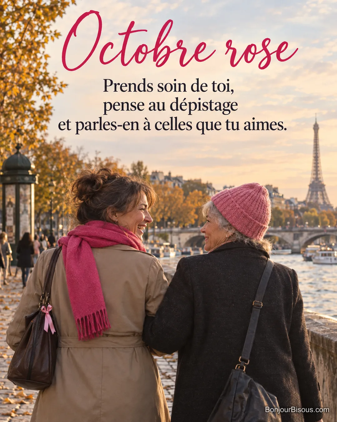 Photo de deux amies vues de dos, l’une en écharpe rose, l’autre en bonnet rose, qui marchent en riant sur les quais de Seine en automne avec la tour Eiffel au loin, avec le texte « Octobre rose – Prends soin de toi, pense au dépistage et parles-en à celles que tu aimes. »