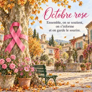 Peinture d’un platane entouré d’un ruban rose sur une place de village provençal avec fontaine, banc vert et fleurs roses, avec le texte « Octobre rose – Ensemble, on se soutient, on s’informe et on garde le sourire. »