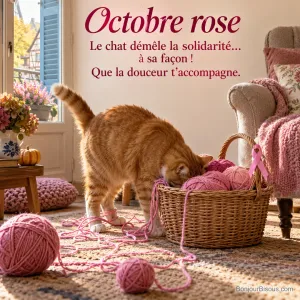 Un chat roux fouille un panier de laine rose, entouré de pelotes déroulées et d’un ruban de solidarité, avec le texte « Octobre rose Le chat démêle la solidarité… à sa façon ! Que la douceur t’accompagne. ».