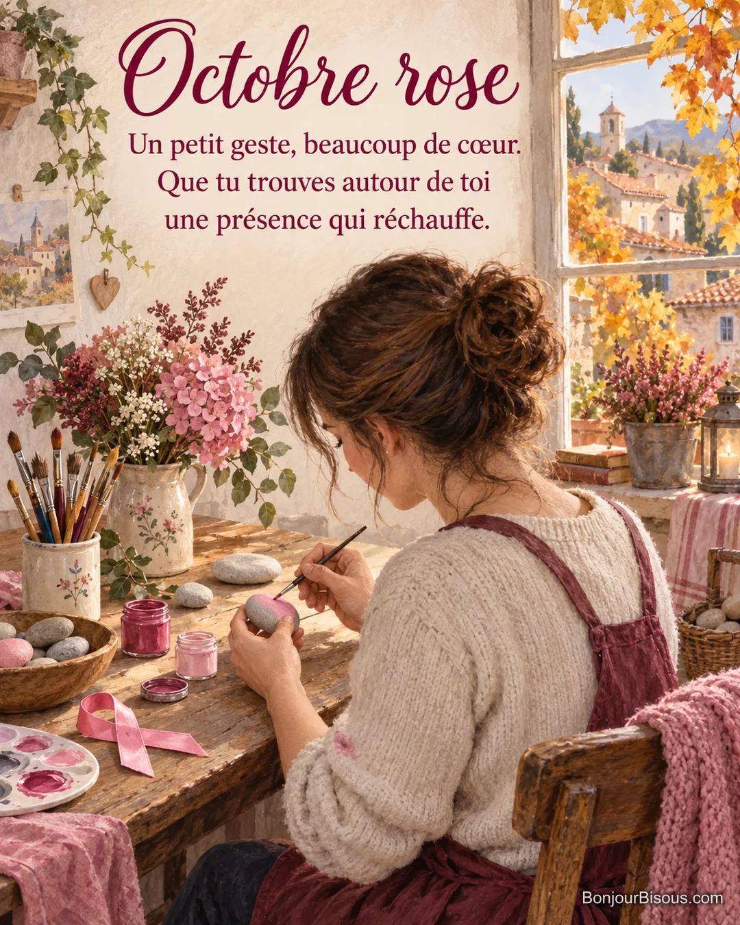 Une femme peint un galet rose dans un atelier ouvert sur les toits d’un village, avec le texte « Octobre rose Un petit geste, beaucoup de cœur. Que tu trouves autour de toi une présence qui réchauffe. ».