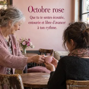 Une femme âgée tend une tasse rose à son amie dans un petit café de quartier, avec le texte « Octobre rose Que tu te sentes écoutée, entourée et libre d’avancer à ton rythme. ».
