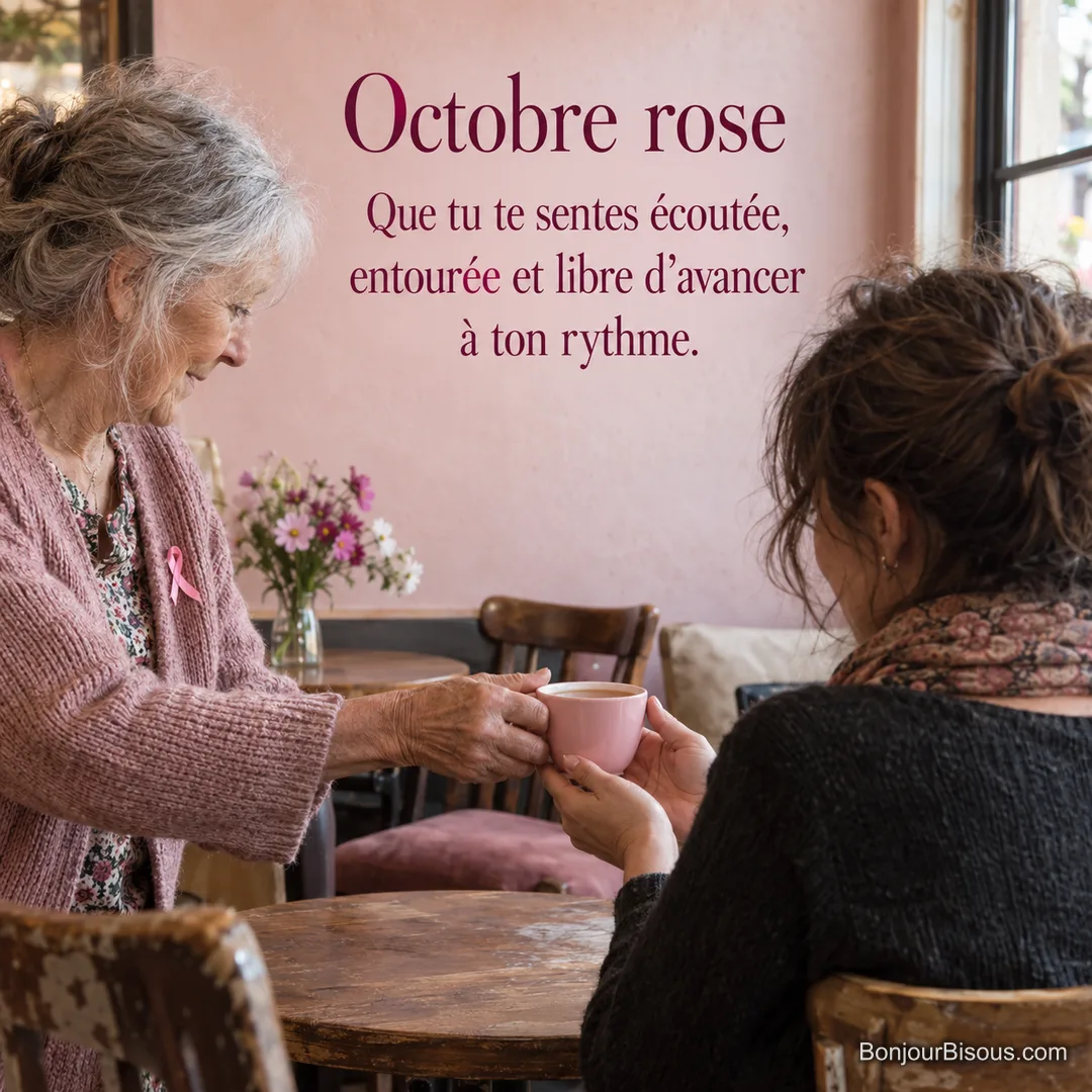 Une femme âgée tend une tasse rose à son amie dans un petit café de quartier, avec le texte « Octobre rose Que tu te sentes écoutée, entourée et libre d’avancer à ton rythme. ».