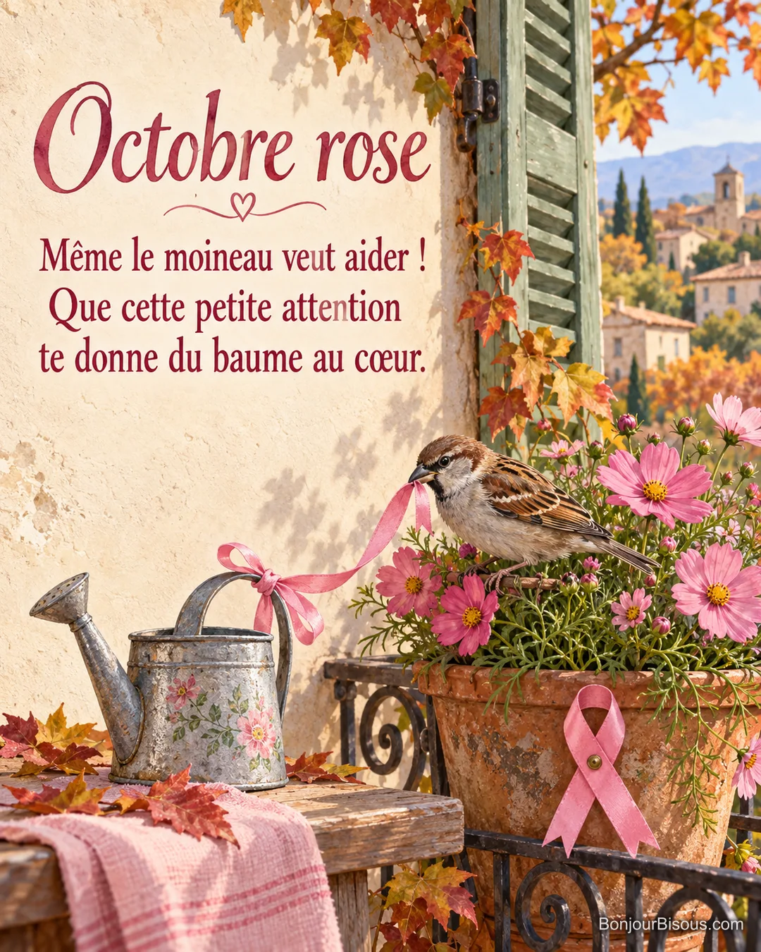 Un moineau tire un ruban rose près d’une jardinière de cosmos sur un balcon, avec le texte « Octobre rose Même le moineau veut aider ! Que cette petite attention te donne du baume au cœur. ».