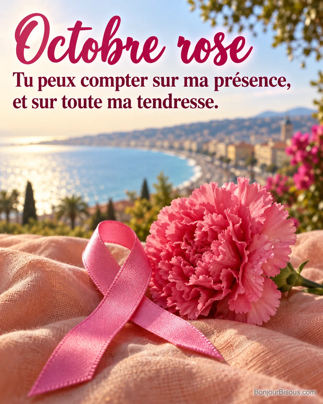 Un œillet rose frais repose près d’un ruban de solidarité sur un tissu rose pêche, avec le texte « Octobre rose Tu peux compter sur ma présence, et sur toute ma tendresse. ».