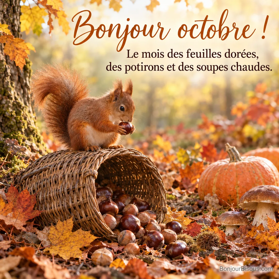 Photo d’un écureuil roux assis sur un panier en osier renversé d’où roulent noisettes et châtaignes, dans une forêt d’automne, avec le texte « Bonjour octobre ! Le mois des feuilles dorées, des potirons et des soupes chaudes. »