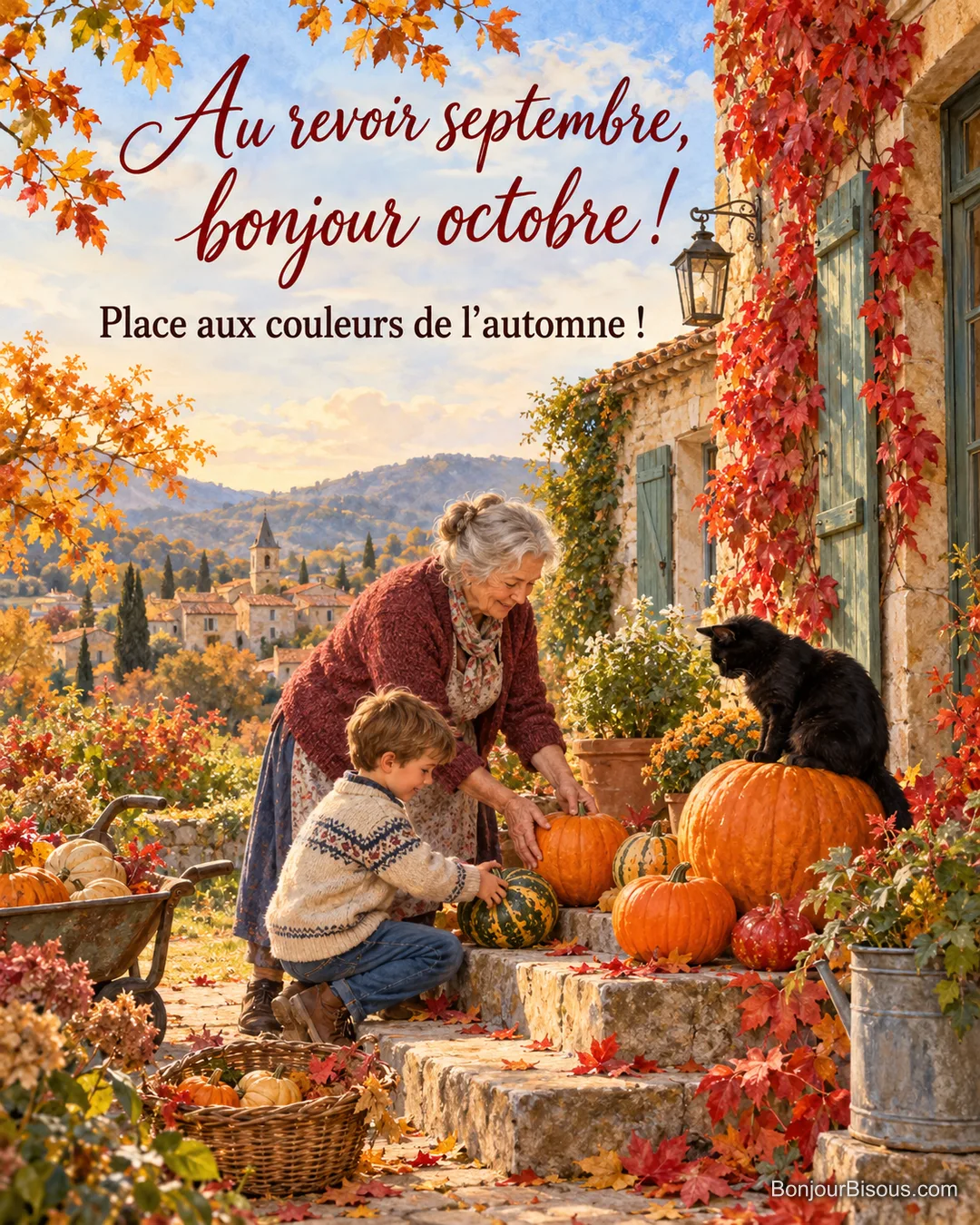 Peinture d’une grand-mère et d’un garçon qui disposent des courges et des potirons sur les marches d’une maison en pierre couverte de vigne vierge rouge, un chat noir assis sur une citrouille, avec le texte « Au revoir septembre, bonjour octobre ! Place aux couleurs de l’automne ! » Peinture d’une grand-mère et d’un garçon qui disposent des courges et des potirons sur les marches d’une maison en pierre couverte de vigne vierge rouge, un chat noir assis sur une citrouille, avec le texte « Au revoir septembre, bonjour octobre ! Place aux couleurs de l’automne ! »