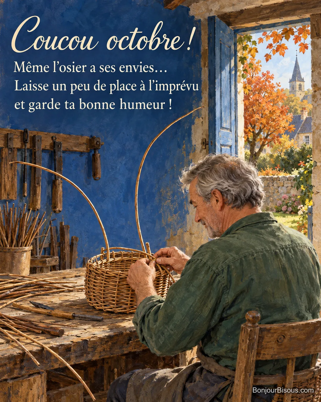 Un vannier tente de faire rentrer de longues tiges rebelles dans son panier. Le texte indique : « Coucou octobre ! Même l’osier a ses envies… Laisse un peu de place à l’imprévu et garde ta bonne humeur ! » Un vannier tente de faire rentrer de longues tiges rebelles dans son panier. Le texte indique : « Coucou octobre ! Même l’osier a ses envies… Laisse un peu de place à l’imprévu et garde ta bonne humeur ! »