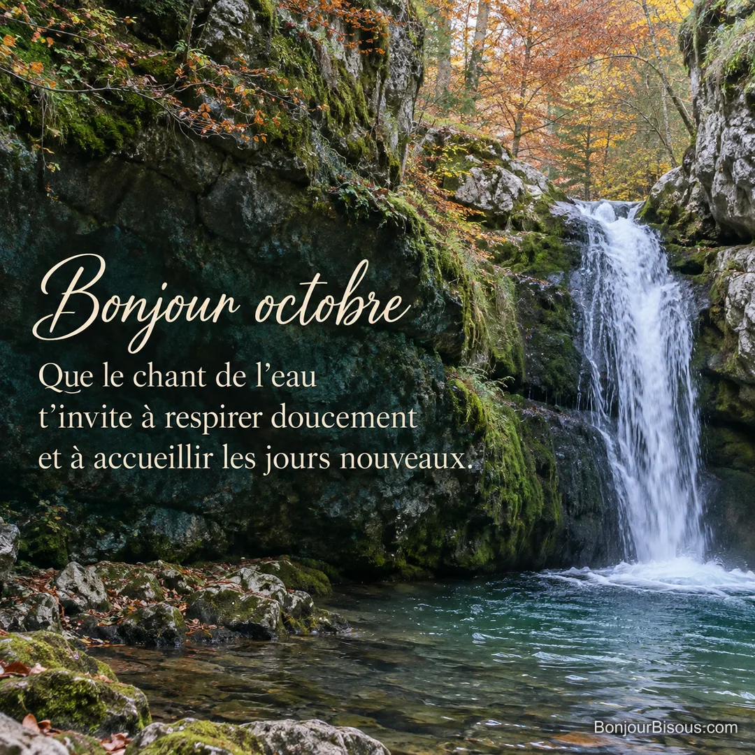 Une cascade descend dans un bassin jurassien entouré de hêtres cuivrés. Le texte indique : « Bonjour octobre Que le chant de l’eau t’invite à respirer doucement et à accueillir les jours nouveaux. » Une cascade descend dans un bassin jurassien entouré de hêtres cuivrés. Le texte indique : « Bonjour octobre Que le chant de l’eau t’invite à respirer doucement et à accueillir les jours nouveaux. »