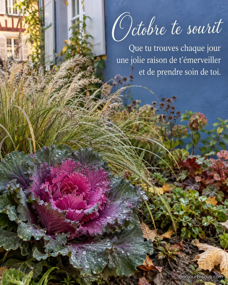 Un chou ornemental violet et rose brille de gouttes de pluie dans un jardin alsacien. Le texte indique : « Octobre te sourit Que tu trouves chaque jour une jolie raison de t’émerveiller et de prendre soin de toi. »