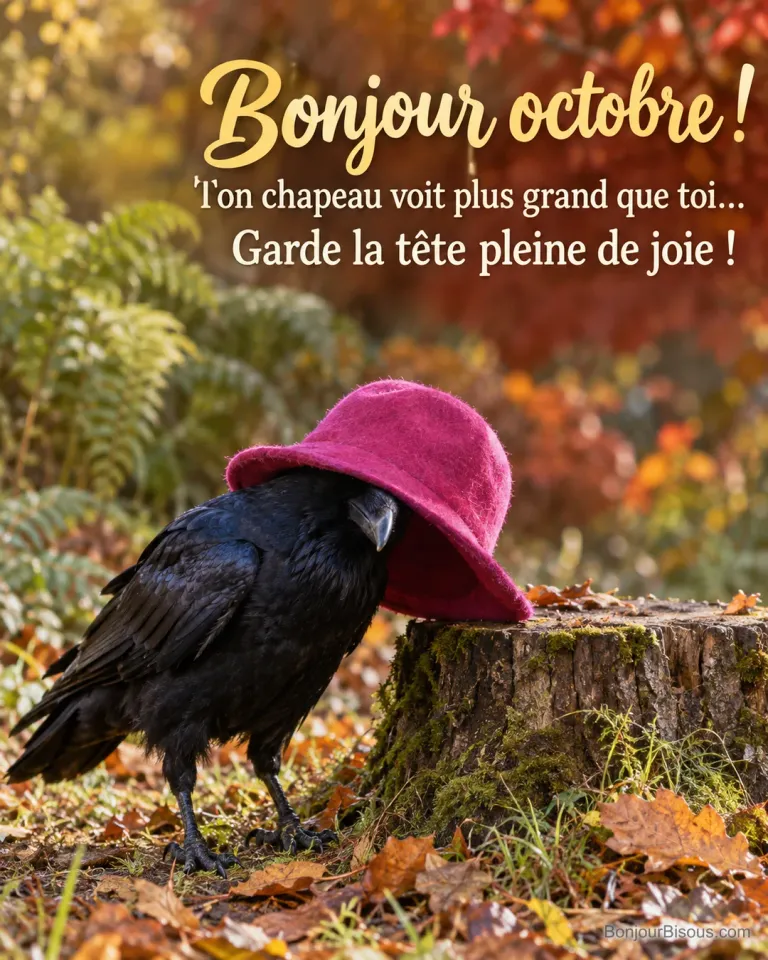 Un corbeau glisse la tête sous un chapeau fuchsia trop large posé sur une souche, avec le texte « Bonjour octobre ! Ton chapeau voit plus grand que toi… Garde la tête pleine de joie ! ».