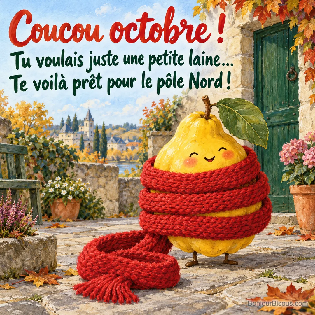 Un coing souriant disparaît presque sous une écharpe rouge beaucoup trop longue, avec le texte « Coucou octobre ! Tu voulais juste une petite laine… Te voilà prêt pour le pôle Nord ! ». Un coing souriant disparaît presque sous une écharpe rouge beaucoup trop longue, avec le texte « Coucou octobre ! Tu voulais juste une petite laine… Te voilà prêt pour le pôle Nord ! ».