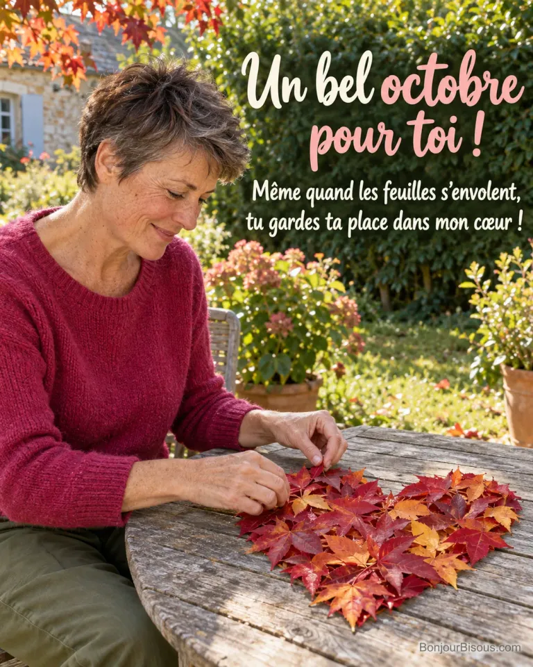 Une femme en pull framboise compose un cœur de feuilles rouges et dorées sur une table de jardin, avec le texte « Un bel octobre pour toi ! Même quand les feuilles s’envolent, tu gardes ta place dans mon cœur ! ».