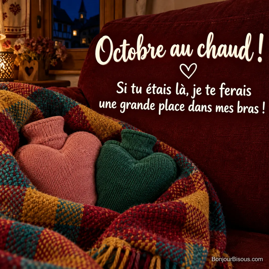 Deux bouillottes en forme de cœur se blottissent dans une couverture patchwork colorée, avec le texte « Octobre au chaud ! Si tu étais là, je te ferais une grande place dans mes bras ! ». Deux bouillottes en forme de cœur se blottissent dans une couverture patchwork colorée, avec le texte « Octobre au chaud ! Si tu étais là, je te ferais une grande place dans mes bras ! ».