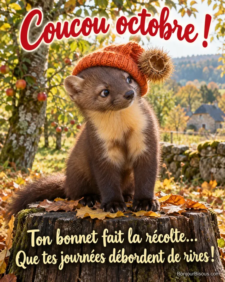 Une jeune martre découvre la bogue vide accrochée à son petit bonnet orange, avec le texte « Coucou octobre ! Ton bonnet fait la récolte… Que tes journées débordent de rires ! ».