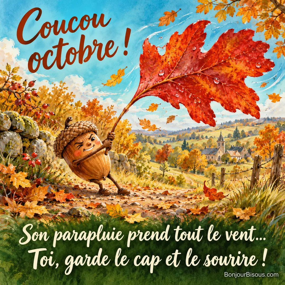 Un gland coiffé de sa cupule lutte avec une feuille de chêne démesurée qui lui sert de parapluie. Le message est : « Coucou octobre ! Son parapluie prend tout le vent… Toi, garde le cap et le sourire ! ». Un gland coiffé de sa cupule lutte avec une feuille de chêne démesurée qui lui sert de parapluie. Le message est : « Coucou octobre ! Son parapluie prend tout le vent… Toi, garde le cap et le sourire ! ».