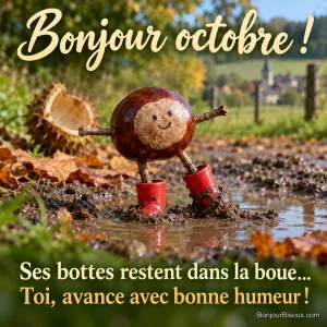 Un marron artisanal chaussé de petites bottes rouges semble bloqué dans une flaque boueuse. Le message est : « Bonjour octobre ! Ses bottes restent dans la boue… Toi, avance avec bonne humeur ! ».