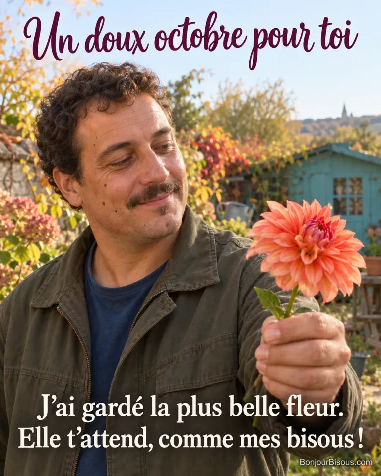 Un jardinier tend un dahlia corail fraîchement cueilli vers un proche hors champ dans son jardin d’octobre. Le message est : « Un doux octobre pour toi J’ai gardé la plus belle fleur. Elle t’attend, comme mes bisous ! ».