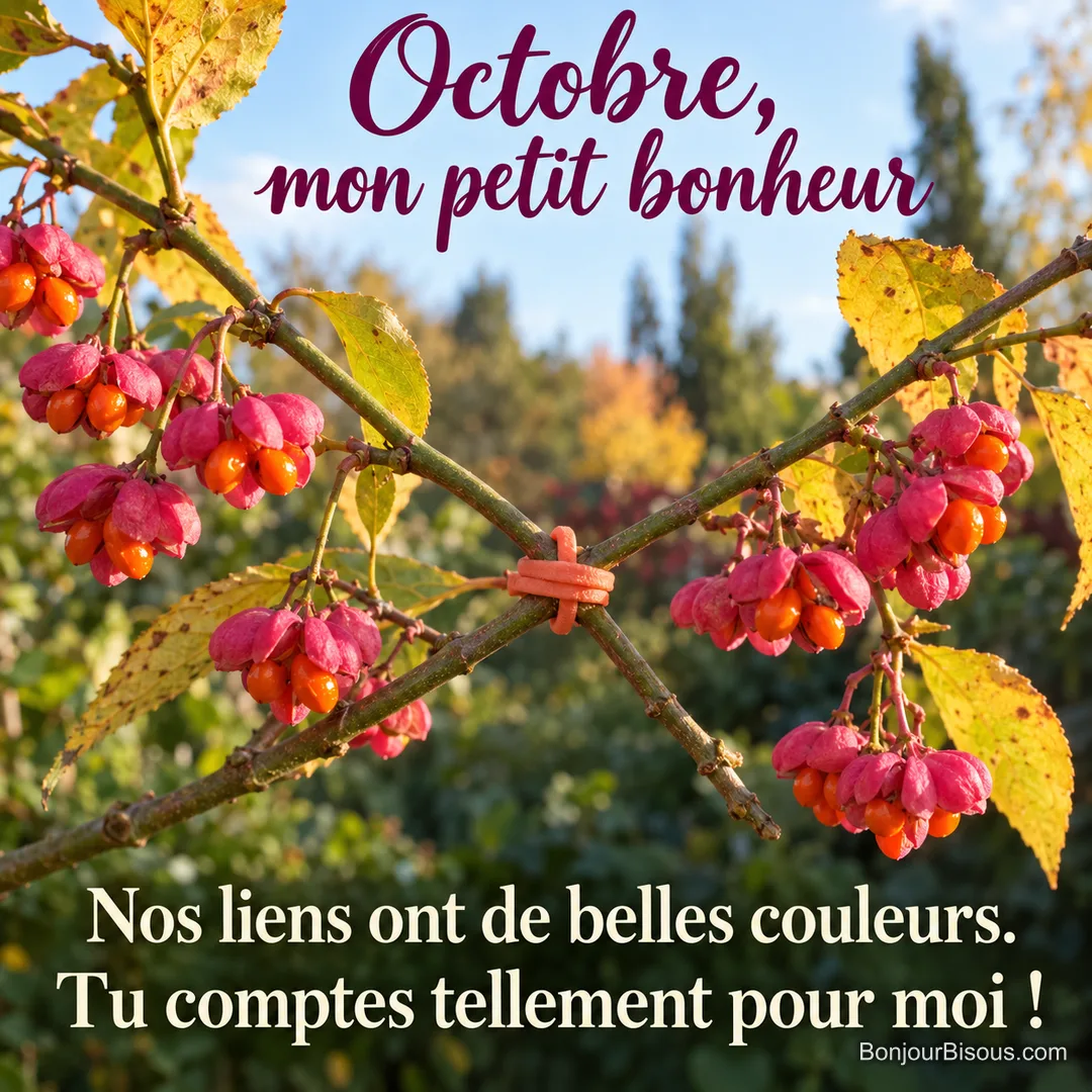 Deux rameaux de fusain d’Europe rose vif se rejoignent et sont réunis par une petite attache corail comme une tendre étreinte. Le message est : « Octobre, mon petit bonheur Nos liens ont de belles couleurs. Tu comptes tellement pour moi ! ». Deux rameaux de fusain d’Europe rose vif se rejoignent et sont réunis par une petite attache corail comme une tendre étreinte. Le message est : « Octobre, mon petit bonheur Nos liens ont de belles couleurs. Tu comptes tellement pour moi ! ».