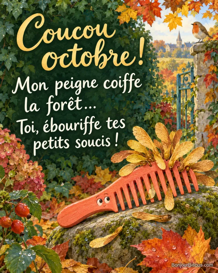 Un peigne corail porte une crête de samares dorées comme une coiffure de forêt en octobre. Le message est : « Coucou octobre ! Mon peigne coiffe la forêt… Toi, ébouriffe tes petits soucis ! ».