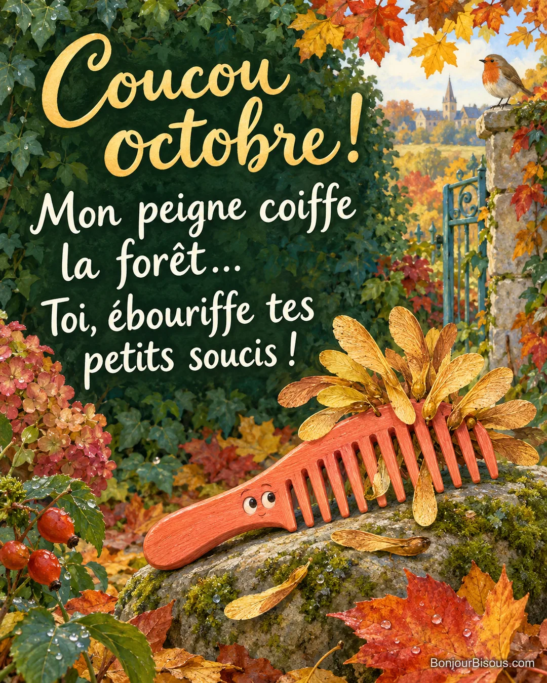 Un peigne corail porte une crête de samares dorées comme une coiffure de forêt en octobre. Le message est : « Coucou octobre ! Mon peigne coiffe la forêt… Toi, ébouriffe tes petits soucis ! ». Un peigne corail porte une crête de samares dorées comme une coiffure de forêt en octobre. Le message est : « Coucou octobre ! Mon peigne coiffe la forêt… Toi, ébouriffe tes petits soucis ! ».