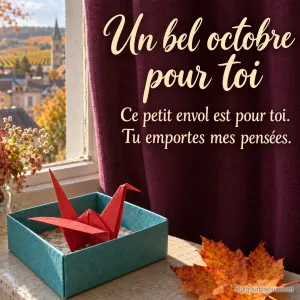 Une grue en papier rouge offerte dans une petite boîte turquoise emporte de tendres pensées d’octobre. Le message est : « Un bel octobre pour toi Ce petit envol est pour toi. Tu emportes mes pensées. ».