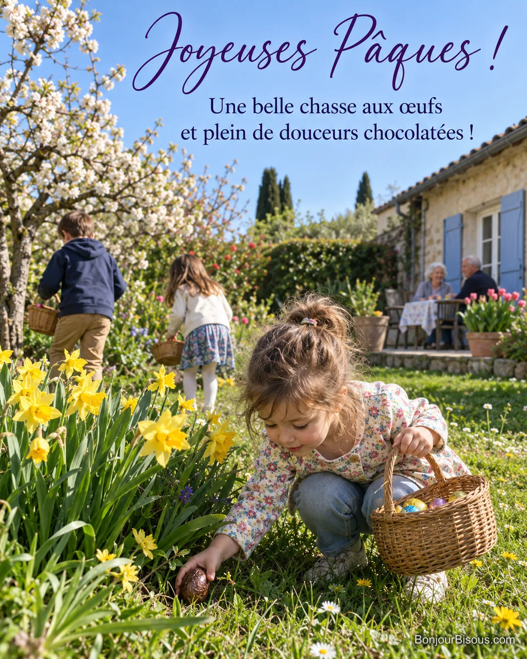 Photo d’une petite fille accroupie qui ramasse un œuf en chocolat sous des jonquilles, panier à la main, deux enfants cherchent derrière un arbre en fleurs et les grands-parents sur la terrasse, avec le texte « Joyeuses Pâques ! Une belle chasse aux œufs et plein de douceurs chocolatées ! » Photo d’une petite fille accroupie qui ramasse un œuf en chocolat sous des jonquilles, panier à la main, deux enfants cherchent derrière un arbre en fleurs et les grands-parents sur la terrasse, avec le texte « Joyeuses Pâques ! Une belle chasse aux œufs et plein de douceurs chocolatées ! »