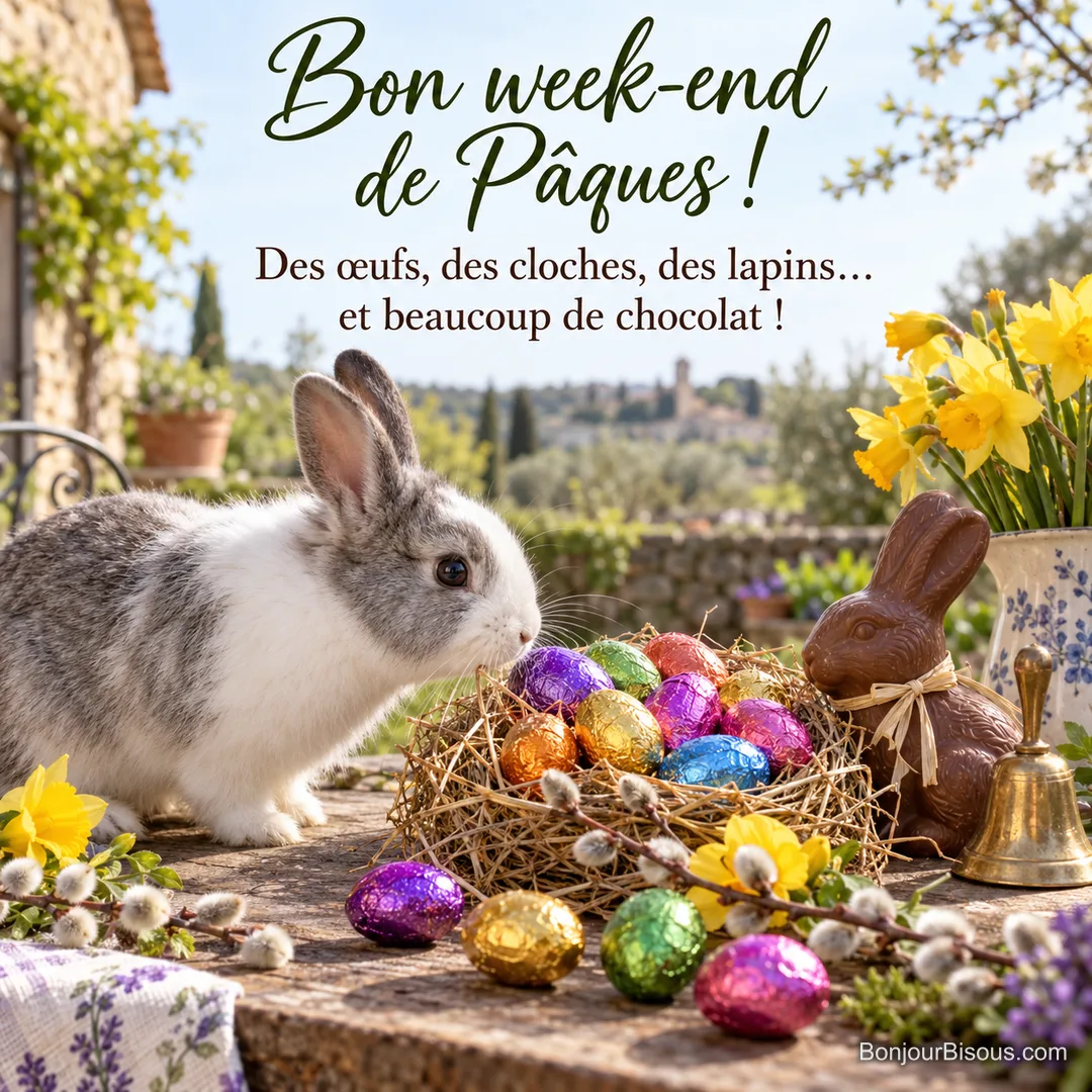 Photo d’un lapin nain gris et blanc qui sent un nid de paille rempli d’œufs en chocolat colorés, avec un lapin en chocolat, une cloche dorée et des jonquilles, avec le texte « Bon week-end de Pâques ! Des œufs, des cloches, des lapins… et beaucoup de chocolat ! » Photo d’un lapin nain gris et blanc qui sent un nid de paille rempli d’œufs en chocolat colorés, avec un lapin en chocolat, une cloche dorée et des jonquilles, avec le texte « Bon week-end de Pâques ! Des œufs, des cloches, des lapins… et beaucoup de chocolat ! »