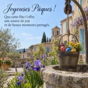 Un puits provençal fleuri et son seau décoré d’œufs colorés illuminent une place de village, avec le texte « Joyeuses Pâques ! Que cette fête t’offre une source de joie et de beaux moments partagés. ».