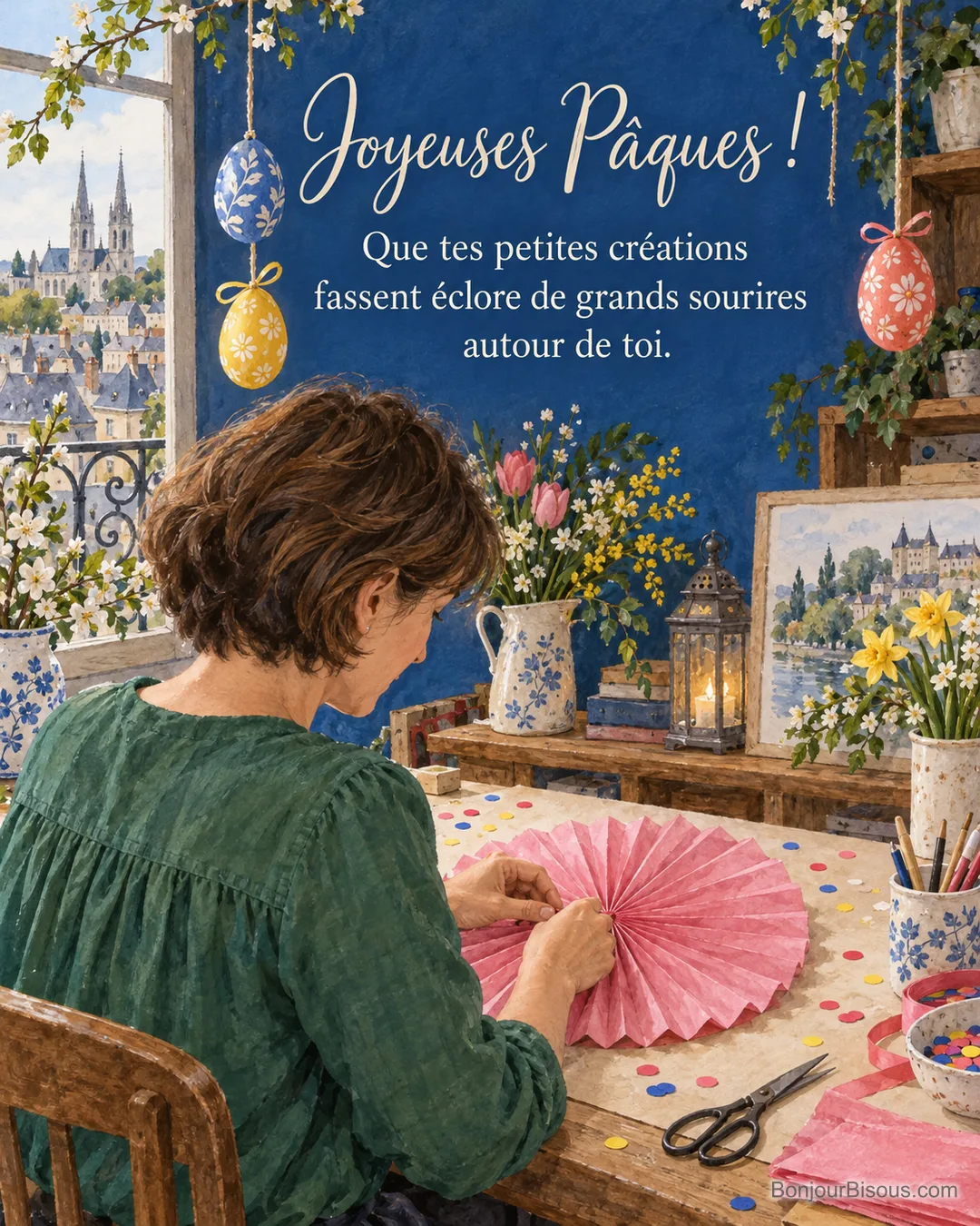 Une femme assemble une rosace rose en papier de soie dans un atelier décoré pour Pâques, avec le texte « Joyeuses Pâques ! Que tes petites créations fassent éclore de grands sourires autour de toi. ». Une femme assemble une rosace rose en papier de soie dans un atelier décoré pour Pâques, avec le texte « Joyeuses Pâques ! Que tes petites créations fassent éclore de grands sourires autour de toi. ».