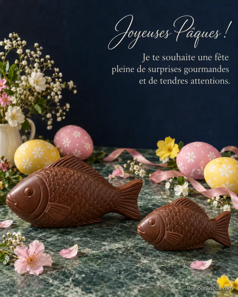 Deux poissons en chocolat sont présentés parmi des œufs colorés et des fleurs pour Pâques, avec le texte « Joyeuses Pâques ! Je te souhaite une fête pleine de surprises gourmandes et de tendres attentions. ».