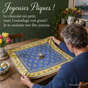 Un homme déploie un grand carré de tissu provençal autour d’un minuscule cadeau chocolaté de Pâques, avec le texte « Joyeuses Pâques ! Le chocolat est petit, mais l’emballage voit grand ! Je te souhaite une fête joyeuse. ».