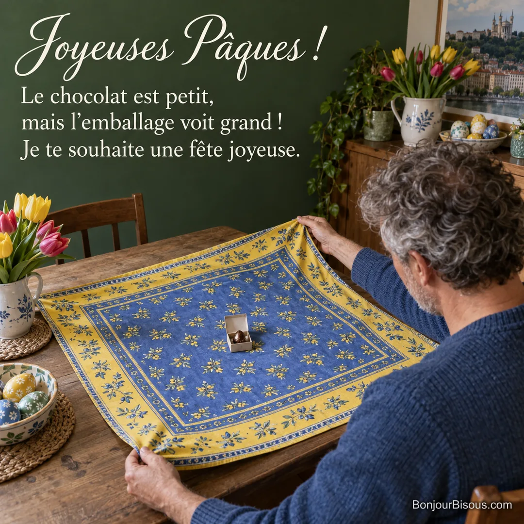 Un homme déploie un grand carré de tissu provençal autour d’un minuscule cadeau chocolaté de Pâques, avec le texte « Joyeuses Pâques ! Le chocolat est petit, mais l’emballage voit grand ! Je te souhaite une fête joyeuse. ». Un homme déploie un grand carré de tissu provençal autour d’un minuscule cadeau chocolaté de Pâques, avec le texte « Joyeuses Pâques ! Le chocolat est petit, mais l’emballage voit grand ! Je te souhaite une fête joyeuse. ».