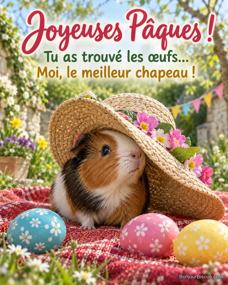 Un cochon d’Inde tricolore porte un chapeau fleuri trop grand, près de trois œufs de Pâques, avec le texte « Joyeuses Pâques ! Tu as trouvé les œufs… Moi, le meilleur chapeau ! ».
