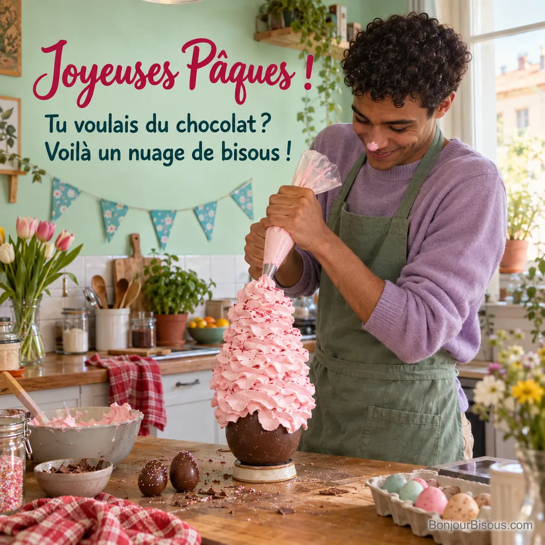 Un jeune pâtissier rit devant une poche à douille qui a déposé une énorme spirale rose sur un œuf de Pâques, avec le texte « Joyeuses Pâques ! Tu voulais du chocolat ? Voilà un nuage de bisous ! ». Un jeune pâtissier rit devant une poche à douille qui a déposé une énorme spirale rose sur un œuf de Pâques, avec le texte « Joyeuses Pâques ! Tu voulais du chocolat ? Voilà un nuage de bisous ! ».