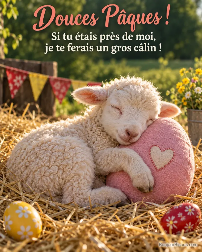 Un agneau endormi se blottit contre un coussin en forme d’œuf de Pâques brodé d’un cœur, avec le texte « Douces Pâques ! Si tu étais près de moi, je te ferais un gros câlin ! ».