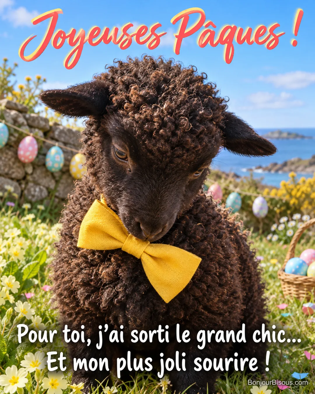 Un jeune mouton noir porte un grand nœud papillon jaune de travers dans un pré décoré pour Pâques, avec le texte « Joyeuses Pâques ! Pour toi, j’ai sorti le grand chic… Et mon plus joli sourire ! ». Un jeune mouton noir porte un grand nœud papillon jaune de travers dans un pré décoré pour Pâques, avec le texte « Joyeuses Pâques ! Pour toi, j’ai sorti le grand chic… Et mon plus joli sourire ! ».