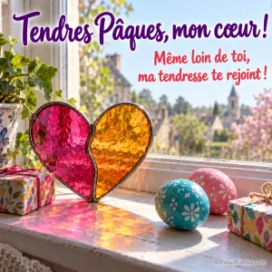 Deux sous-verres en vitrail rose et orange se rejoignent en cœur près de cadeaux et de deux œufs de Pâques, avec le texte « Tendres Pâques, mon cœur ! Même loin de toi, ma tendresse te rejoint ! ».