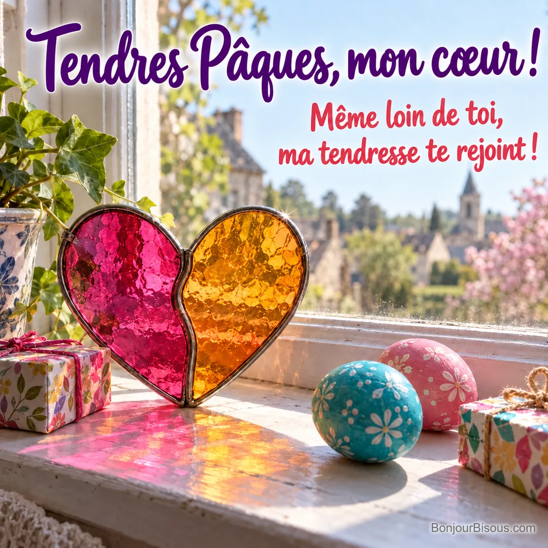 Deux sous-verres en vitrail rose et orange se rejoignent en cœur près de cadeaux et de deux œufs de Pâques, avec le texte « Tendres Pâques, mon cœur ! Même loin de toi, ma tendresse te rejoint ! ». Deux sous-verres en vitrail rose et orange se rejoignent en cœur près de cadeaux et de deux œufs de Pâques, avec le texte « Tendres Pâques, mon cœur ! Même loin de toi, ma tendresse te rejoint ! ».