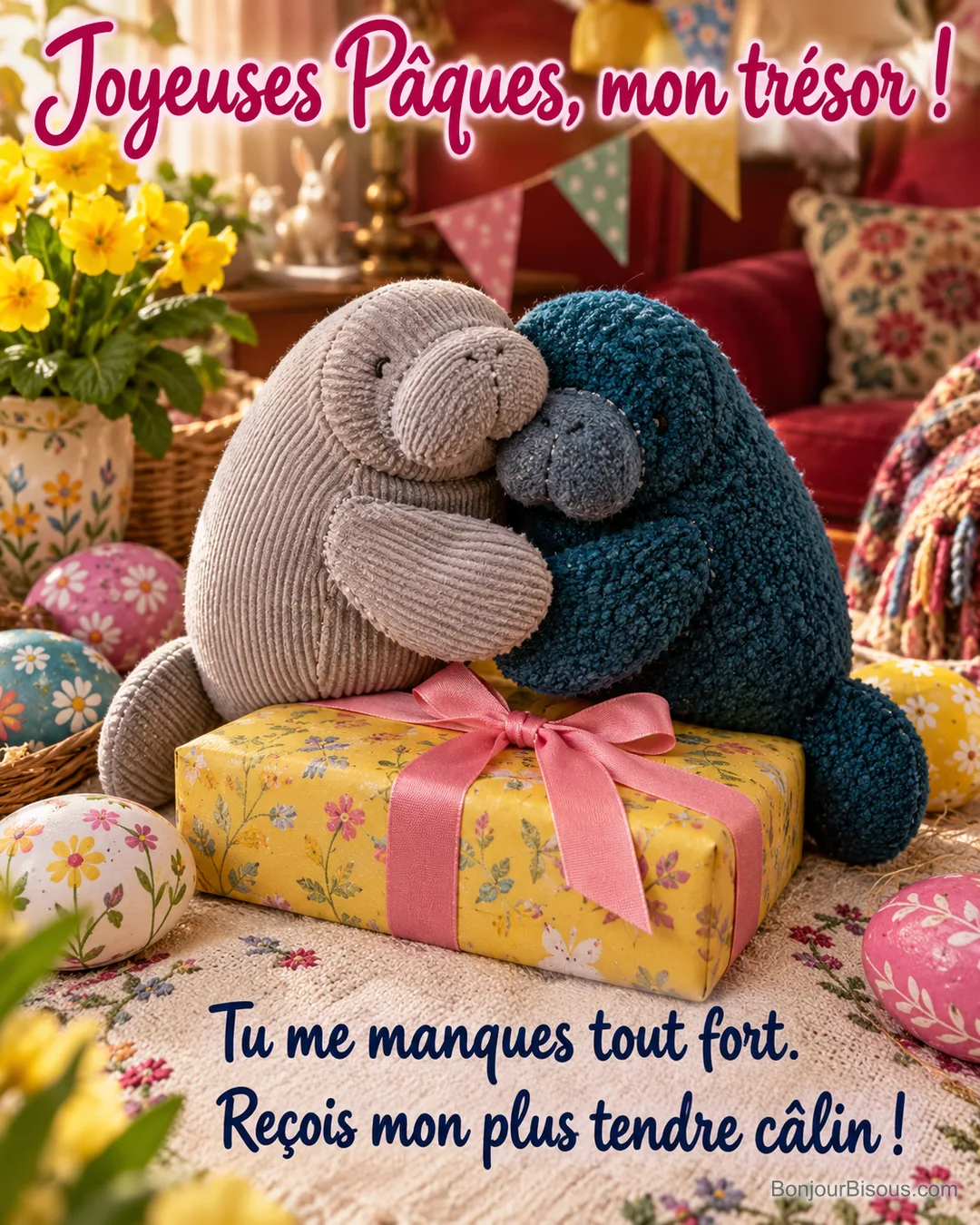 Deux doudous lamantins aux textures différentes se serrent tendrement sur un cadeau de Pâques coloré, avec le texte « Joyeuses Pâques, mon trésor ! Tu me manques tout fort. Reçois mon plus tendre câlin ! ». Deux doudous lamantins aux textures différentes se serrent tendrement sur un cadeau de Pâques coloré, avec le texte « Joyeuses Pâques, mon trésor ! Tu me manques tout fort. Reçois mon plus tendre câlin ! ».